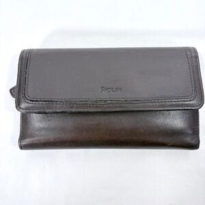VTG Rolfs Womens Dark Brown Leather Tri-Fold Wallet Many Card Slots ID Checkbook